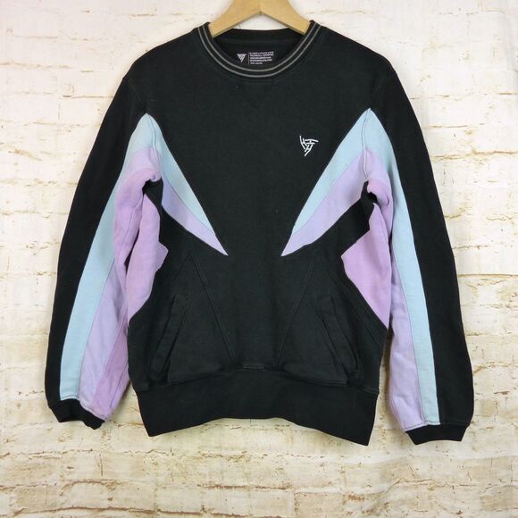 Hypland Sweatshirt Mens S Black Pastel Color Block Panels Pockets Crewneck 90s - Picture 2 of 15
